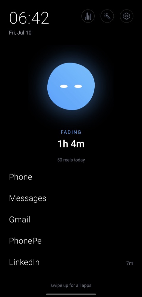 Dhira home screen with Pebble blue and fading after more scrolling