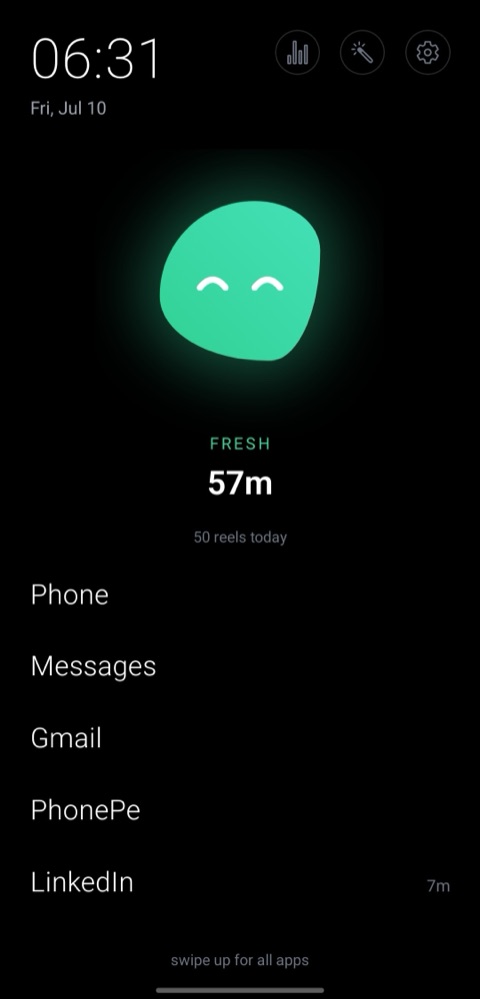 Dhira home screen with Pebble green and fresh — 57 minutes of screen time